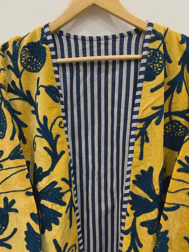 Hand-Embroidered Yellow Velvet Suzani Kimono Robe | Boho Duster Coat Bohozani