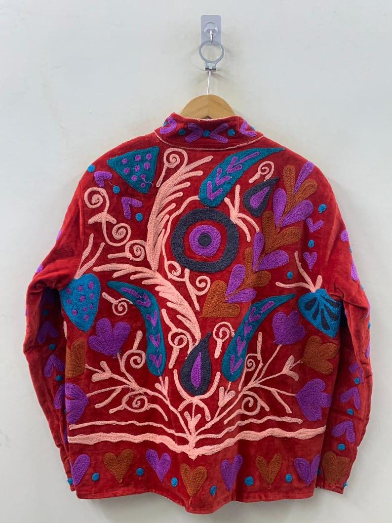 Unique Handmade Floral Red Velvet Suzani Embroidered Jacket Bohozani