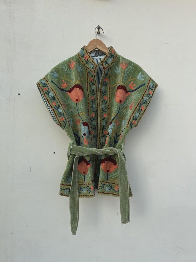 Green Velvet Suzani Embroidered Vest with Belt | Boho Festival Waistcoat Jacket Bohozani