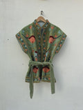 Green Velvet Suzani Embroidered Vest with Belt | Boho Festival Waistcoat Jacket Bohozani