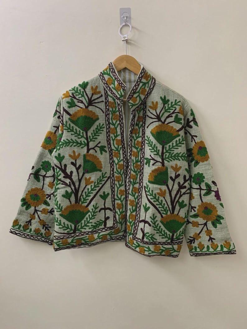 Handmade Suzani Embroidered Jacket | Floral Boho Duster Coat | Gift For Her Bohozani