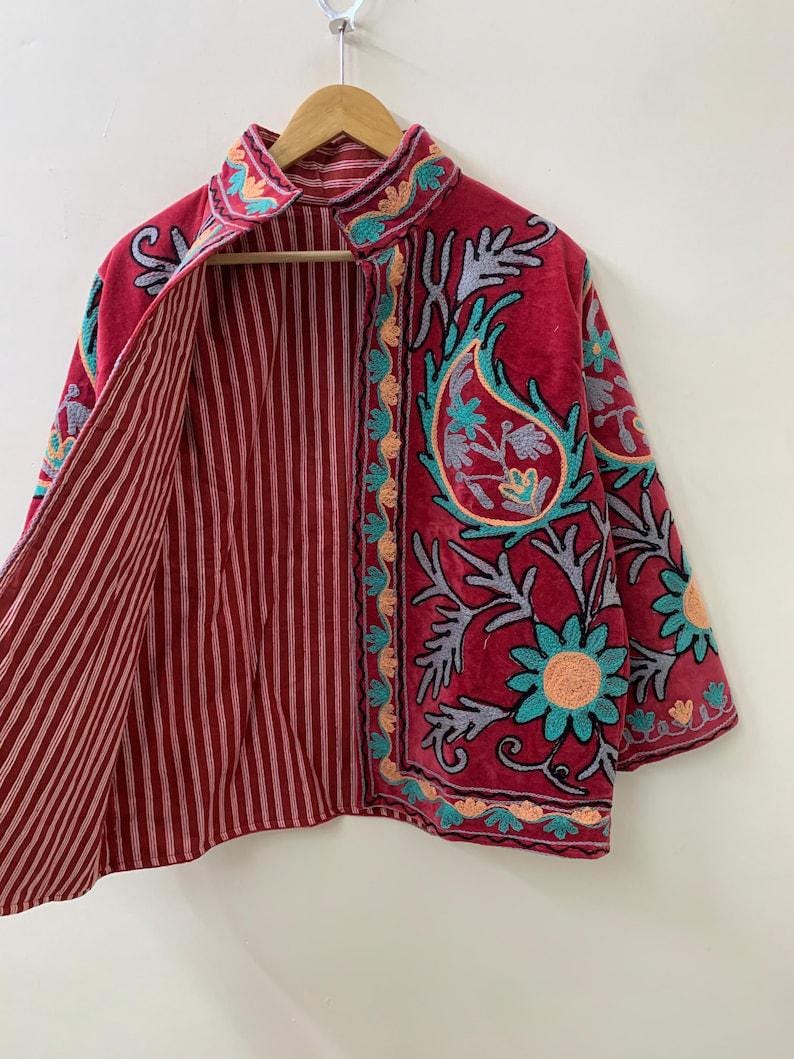 Red Velvet Suzani Bomber Jacket | Hand-Embroidered Floral Uzbek Outerwear Bohozani