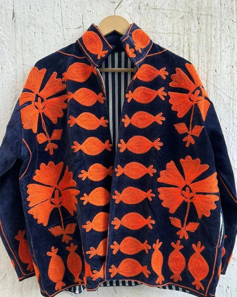 Navy Velvet Suzani Embroidered Kimono Jacket | Uzbek Artisan Boho Coat Bohozani