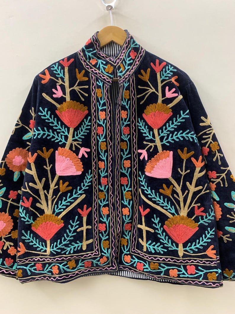 Antique Black Color Velvet Suzani Jacket – Hand-Embroidered Boho Ethnic Kimono Outerwear Bohozani
