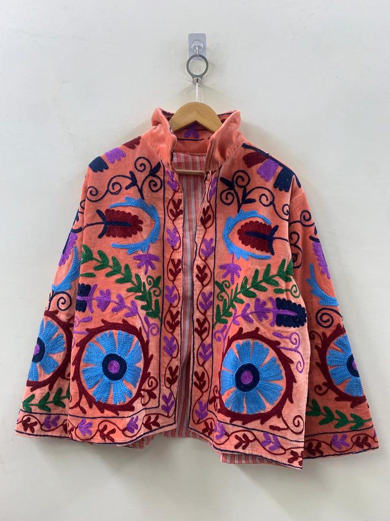 Embroidered Velvet Suzani Jacket | Bohemian Floral Indian Outerwear, Cropped Style Bohozani