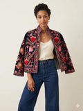 Coachella Festival Style Girl Jean Jacket, The Back is Decorated with Embroidered Rose Flower Patterns Bohozani