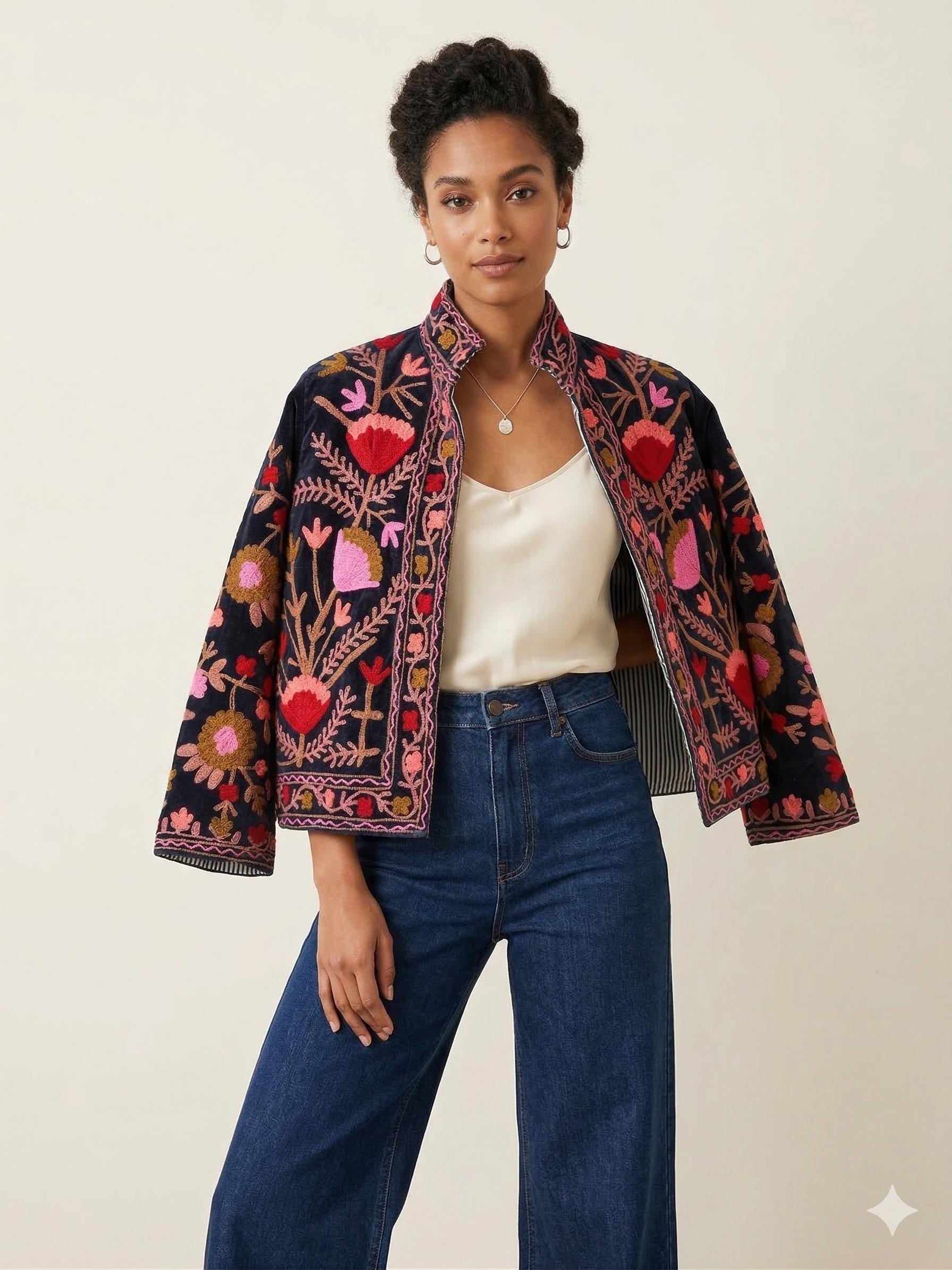 Coachella Festival Style Girl Jean Jacket, The Back is Decorated with Embroidered Rose Flower Patterns Bohozani