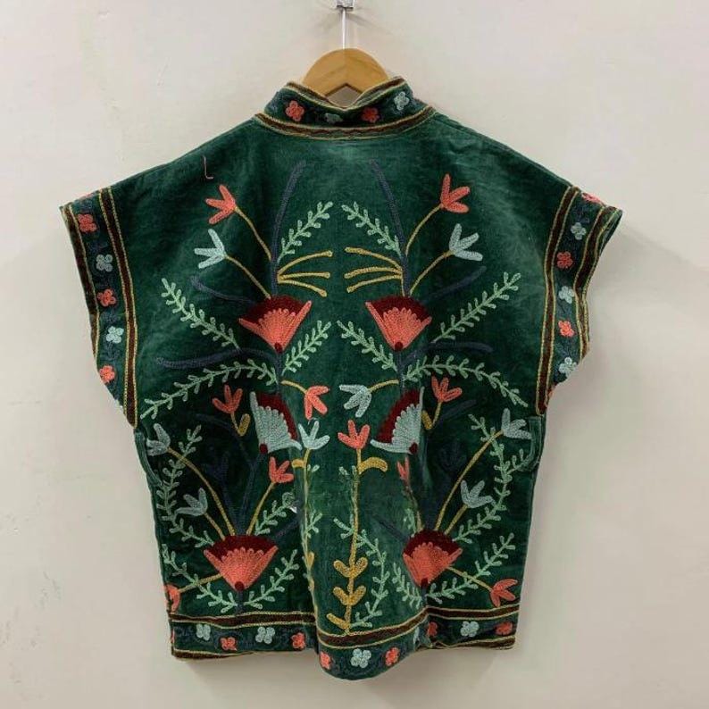 Embroidered Velvet Suzani Vest with Belt – Boho Festival Waistcoat Jacket Bohozani