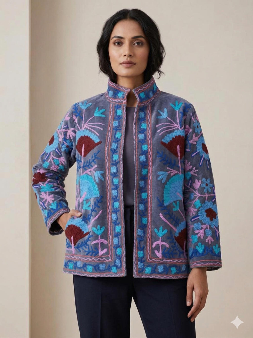 NEW COLLECTION Blue Hand-Embroidered Velvet Suzani Jacket – Boho Ethnic Kimono Outerwear Mother's Day Gift Bohozani