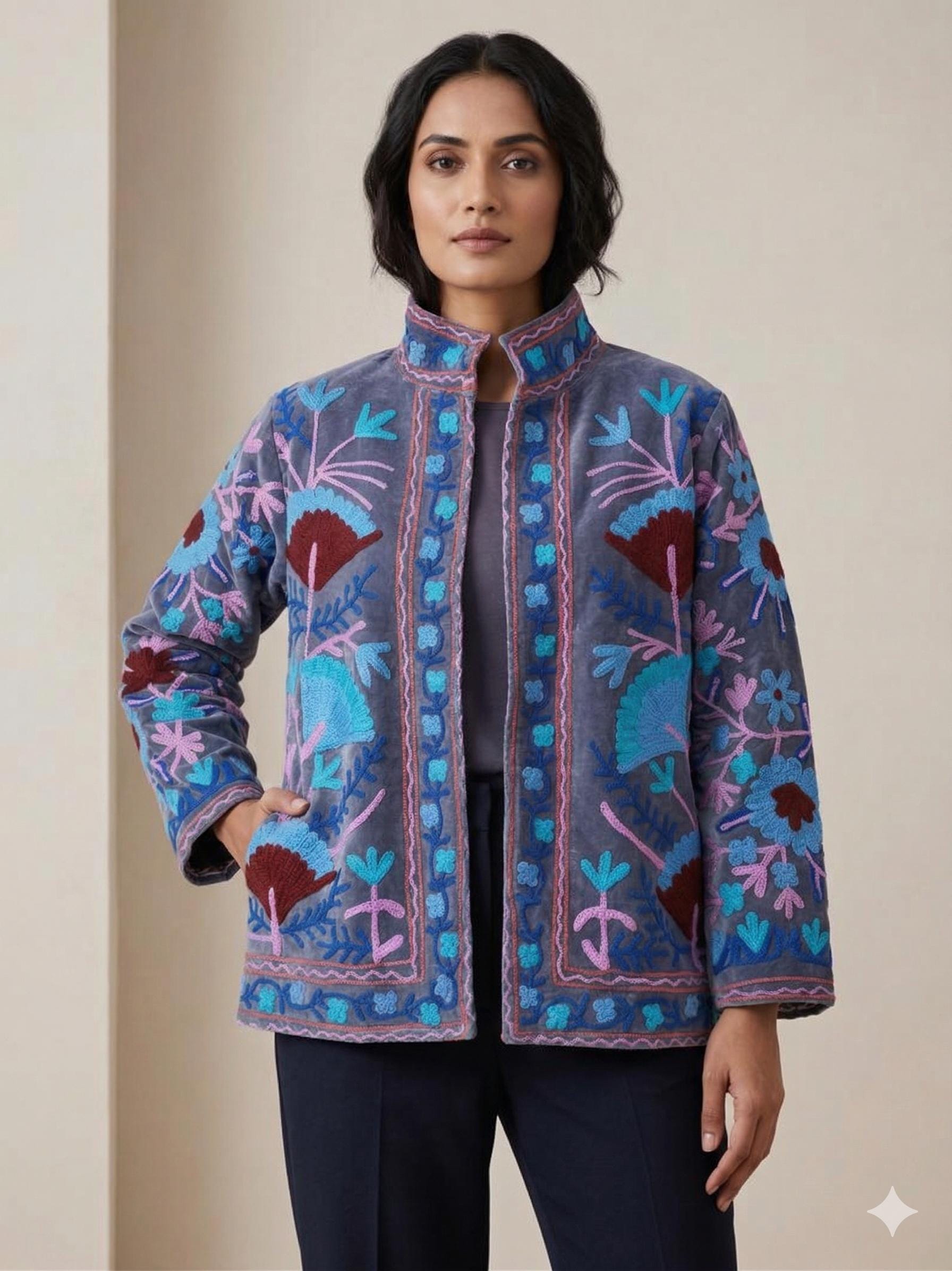 NEW COLLECTION Blue Hand-Embroidered Velvet Suzani Jacket – Boho Ethnic Kimono Outerwear Mother's Day Gift Bohozani