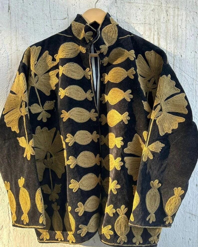 Black Velvet Suzani Embroidered Coat | Boho Uzbek Kimono Bohozani