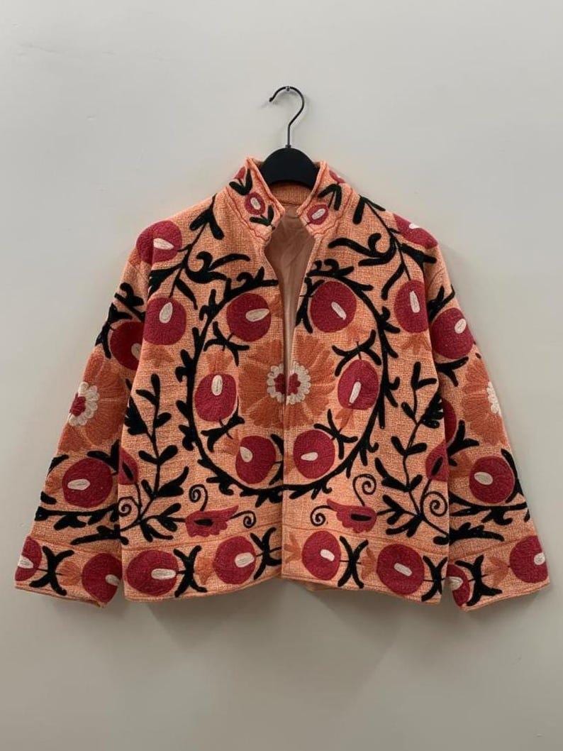 Embroidered Cotton Velvet Suzani Jacket, Floral Folk Art Boho Coat Bohozani