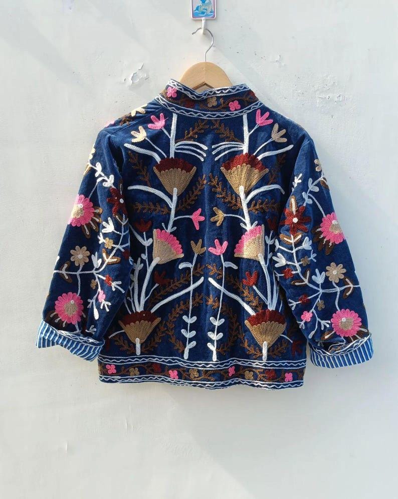 Hand-Embroidered Velvet Suzani Jacket, Floral Boho Cropped Outerwear Bohozani