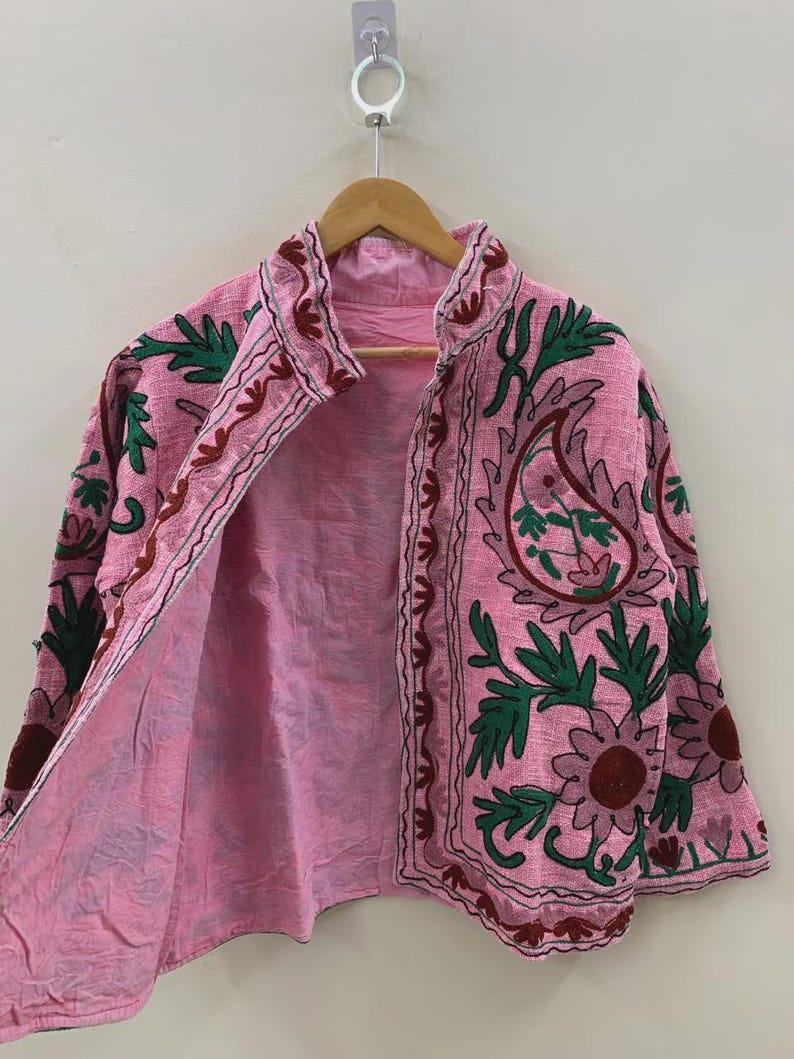 Embroidered Cotton Velvet Suzani Jacket, Bohemian Floral Folk Art Coat Bohozani