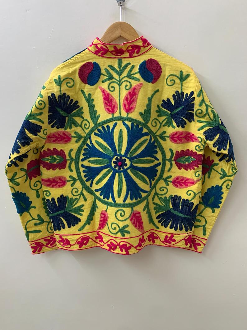 Yelow Suzani Embroidered Velvet Jacket – Boho Floral Kimono Coat Bohozani