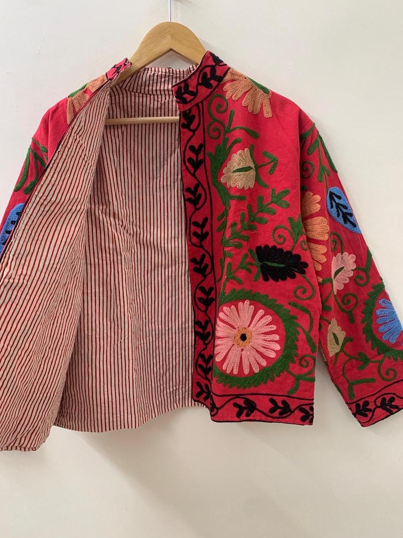Red Suzani Embroidered Velvet Jacket – Boho Floral Kimono Coat Bohozani