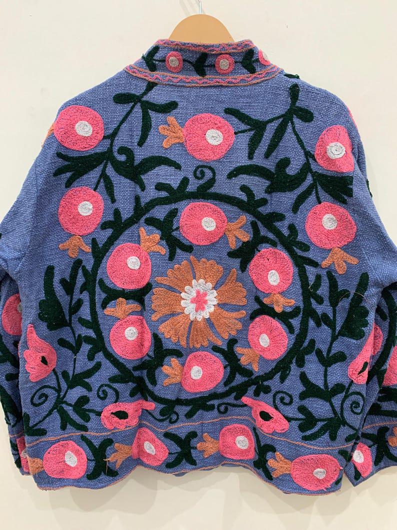 Embroidered Velvet Jacket, Green Floral Suzani Outerwear, Bohemian Style Coat Bohozani