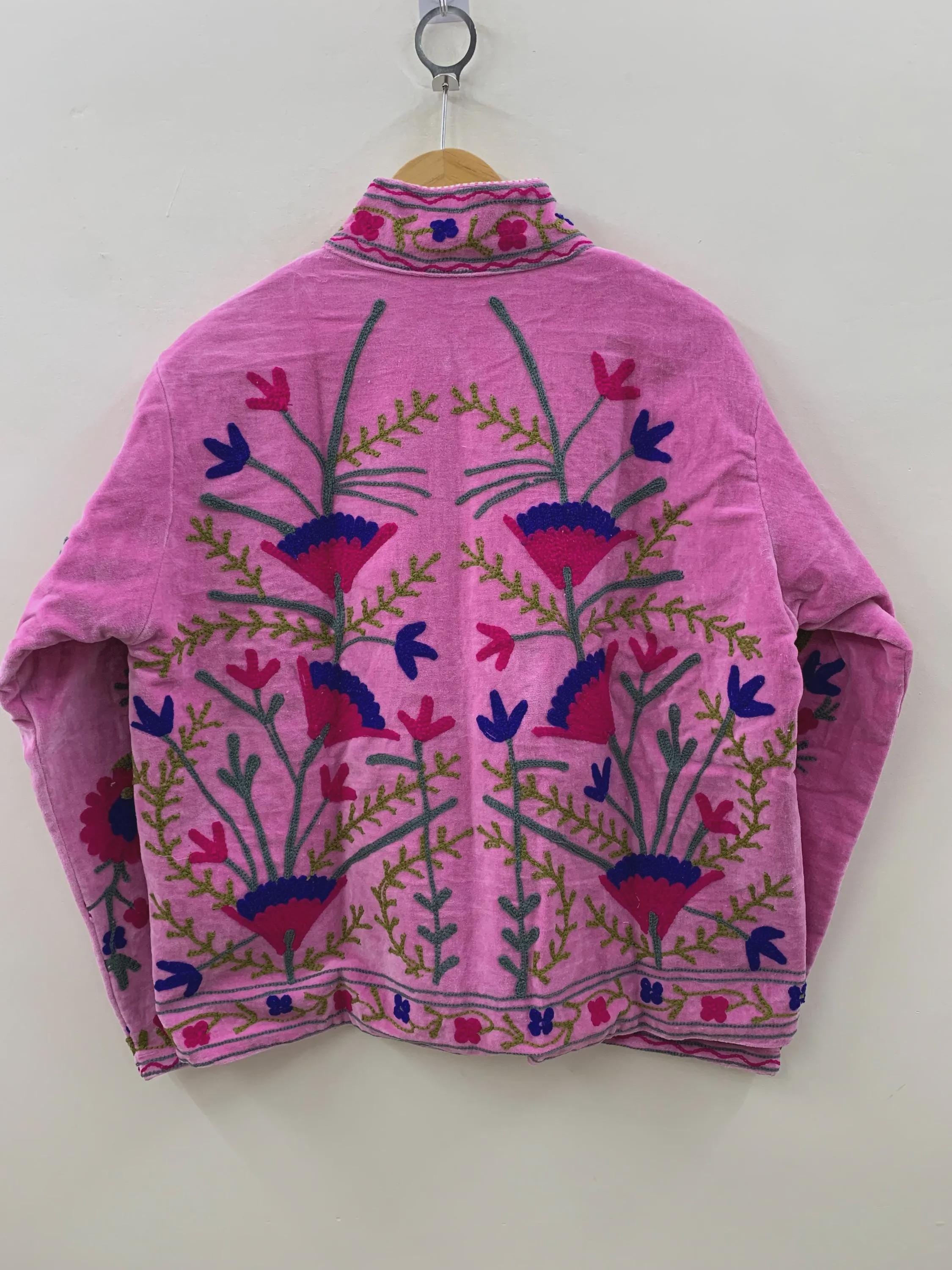 Pink Velvet Suzani Jacket: Embroidered Bohemian Floral Coat For Women Bohozani