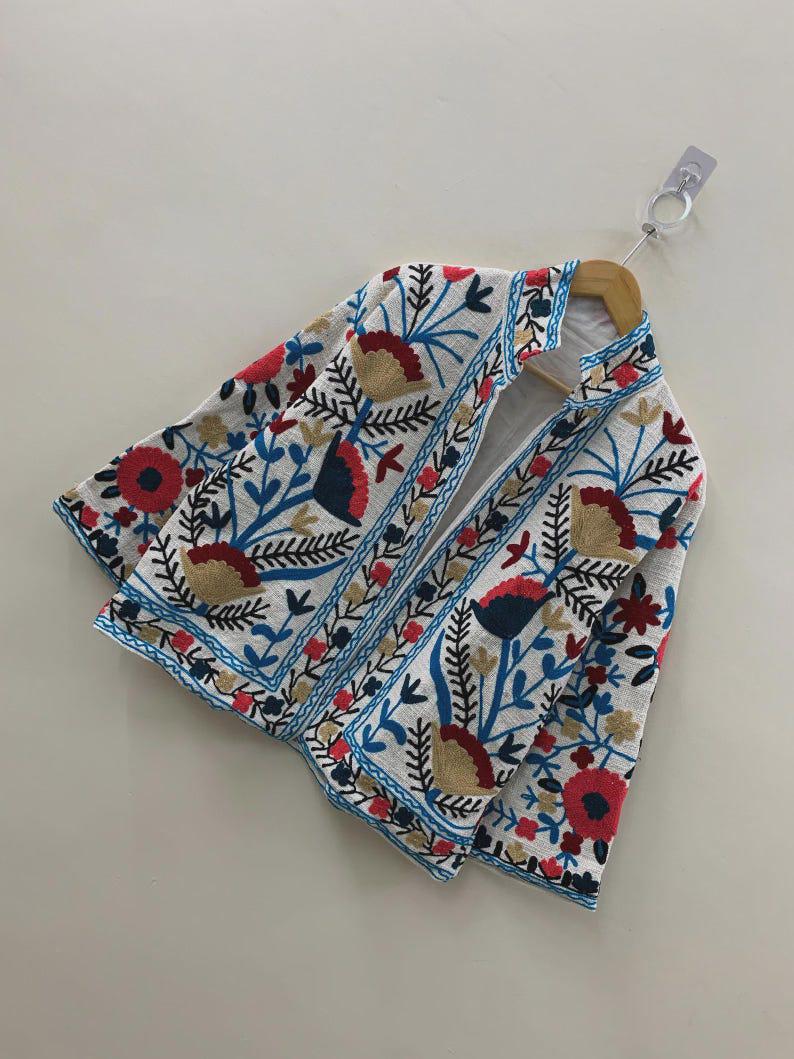 Bohemian Embroidered Cotton Jacket, Floral Folk Art Suzani Coat Bohozani