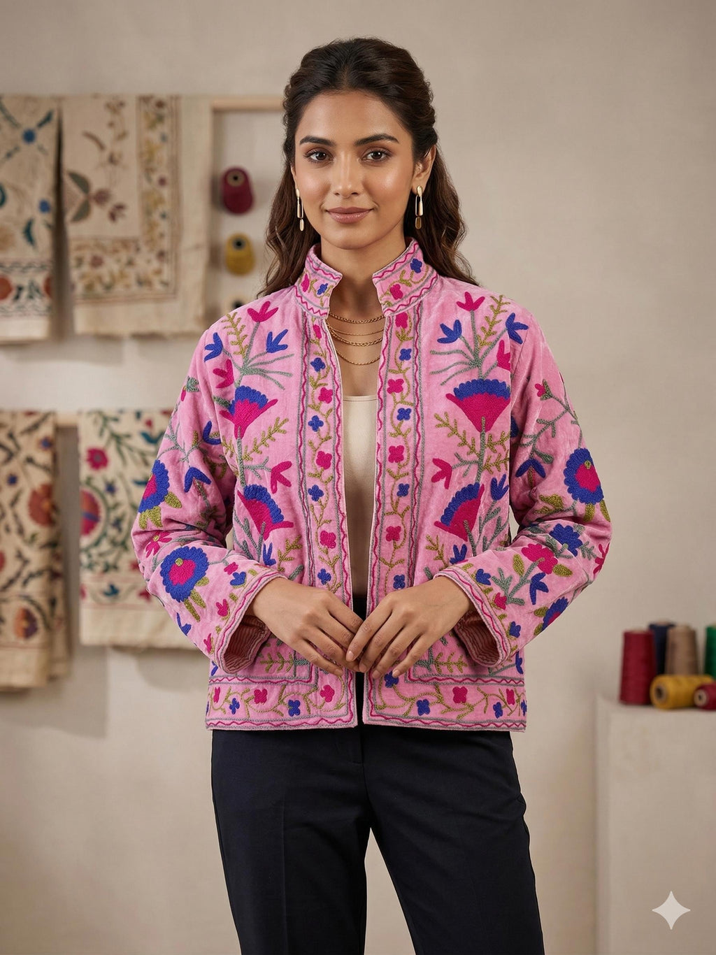 Pink Velvet Suzani Jacket: Embroidered Bohemian Floral Coat For Women Bohozani