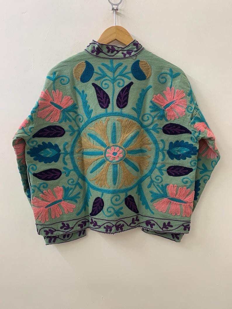 Hand-Embroidered Cotton Suzani Jacket – Vintage Boho Kimono Coat Bohozani