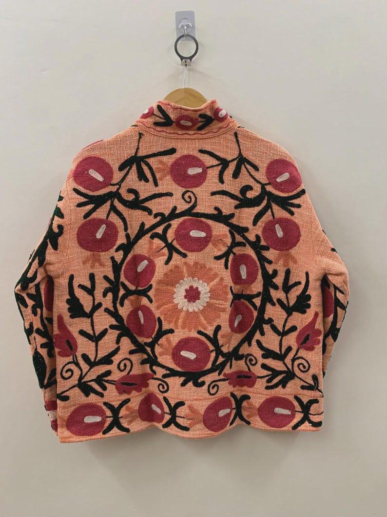 Bohemian Suzani Embroidered Cotton Jacket, Floral Folk Art Short Coat Bohozani
