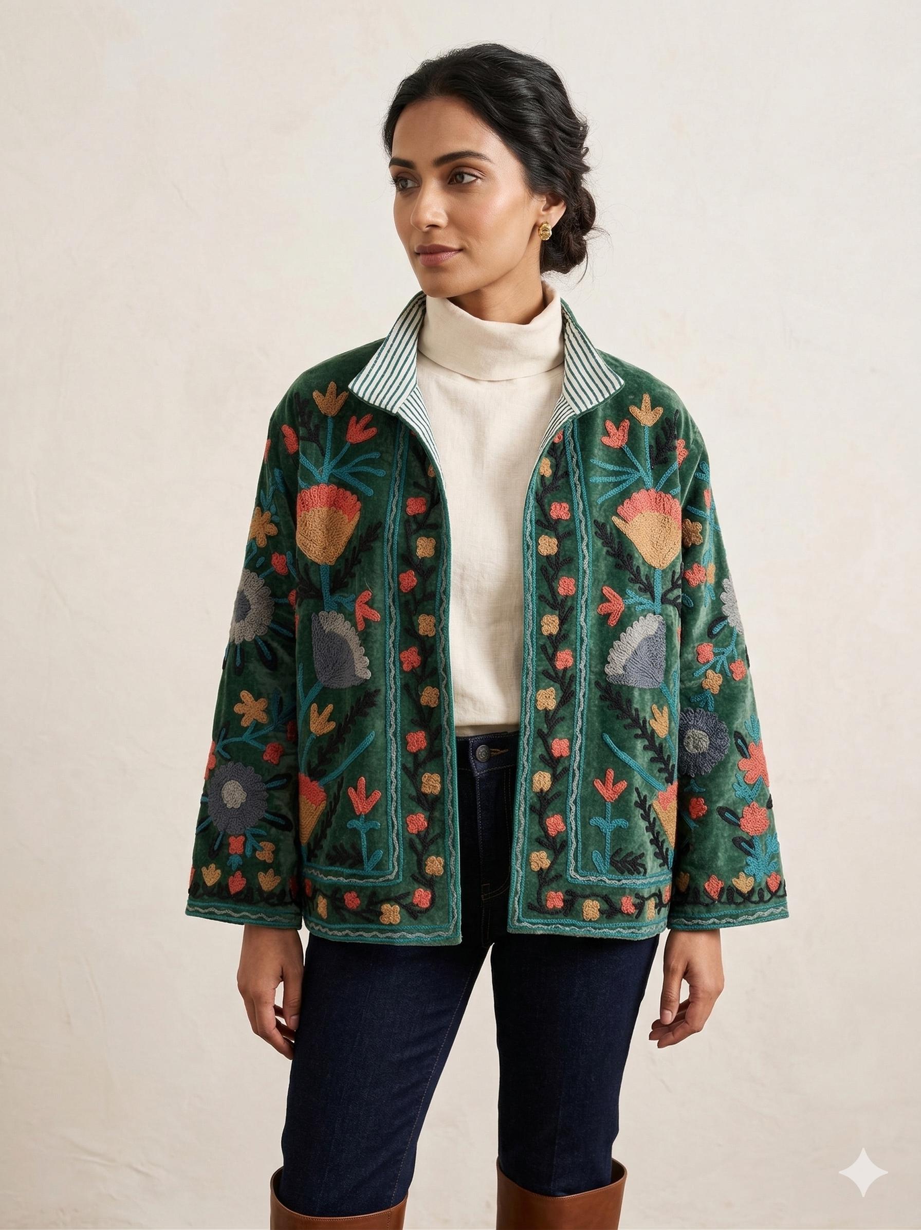 Green Handmade Floral Velvet Suzani Embroidered Jacket Bohozani