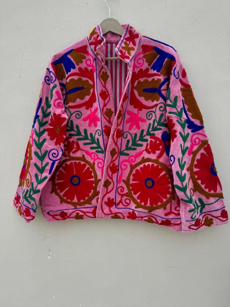 Hand-Embroidered Suzani Velvet Jacket, Boho Floral Coat Bohozani
