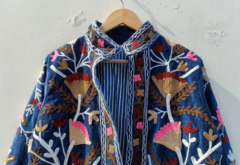 Hand-Embroidered Velvet Suzani Jacket, Floral Boho Cropped Outerwear Bohozani