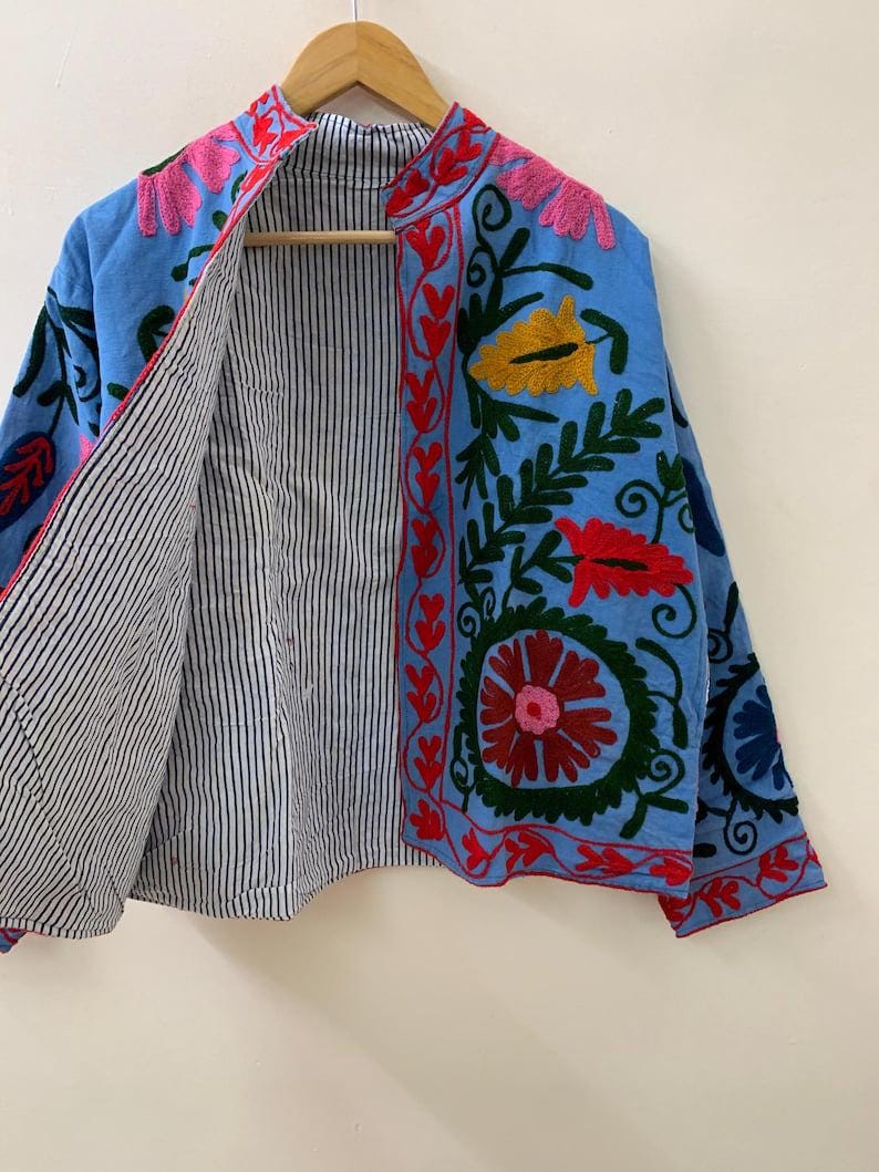 Embroidered Cotton Suzani Jacket | Boho Uzbek Kimono Coat, Festival Wear Bohozani