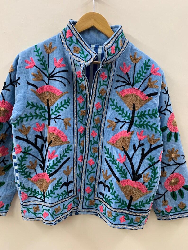 Blue Color Velvet Suzani Jacket – Hand-Embroidered Boho Ethnic Kimono Outerwear Bohozani