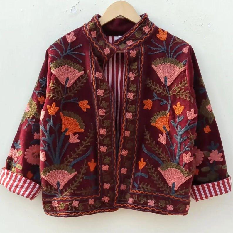 Handmade Velvet Suzani Jacket | Embroidered Floral Bohemian Coat Bohozani