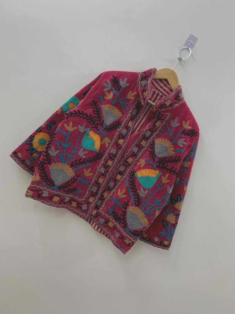 Embroidered Velvet Cropped Jacket | Colorful Suzani Floral Outerwear Bohozani