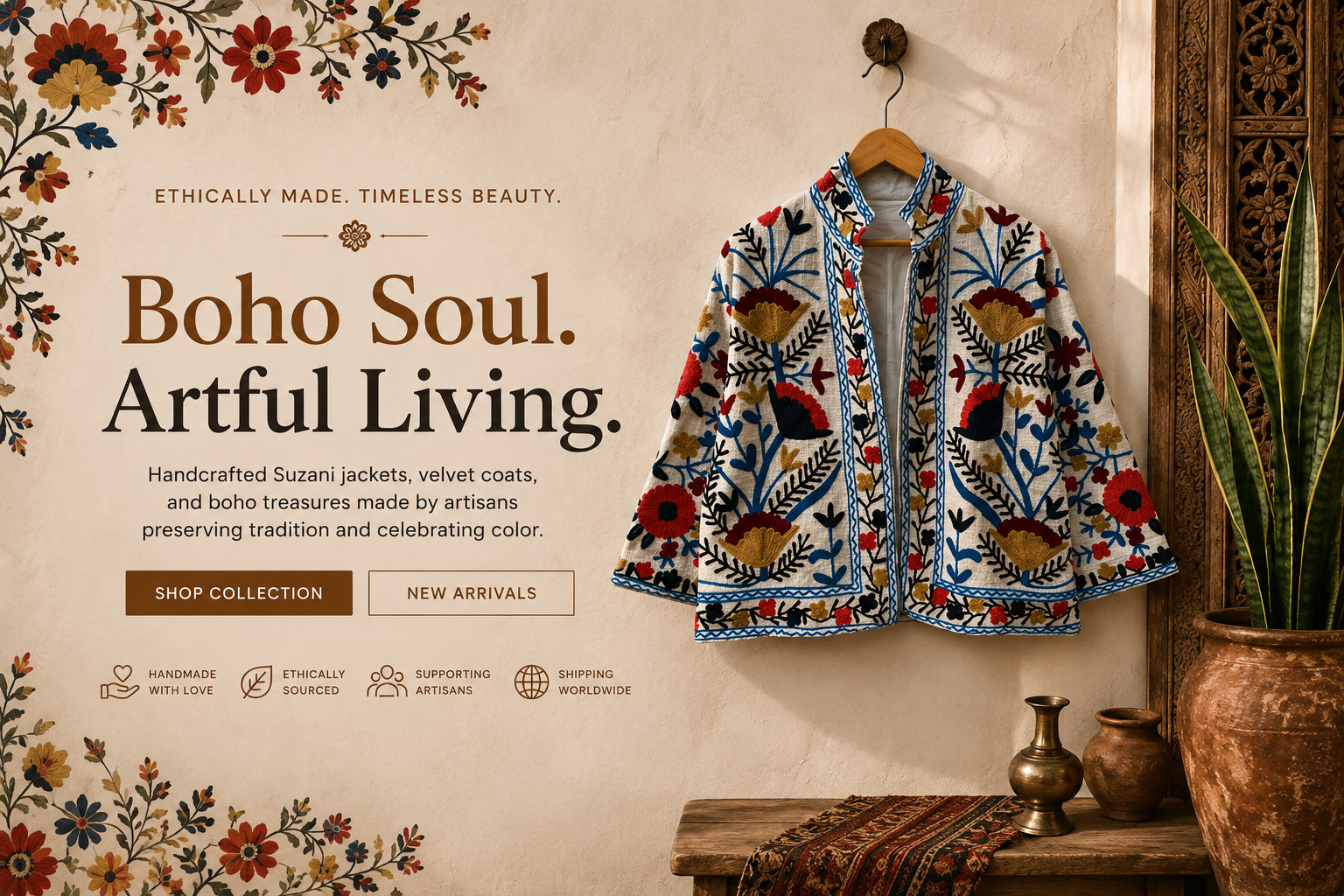 Decorative jacket with floral patterns on a hanger against a neutral wall with text about 'Boho Soul Artful Living'.