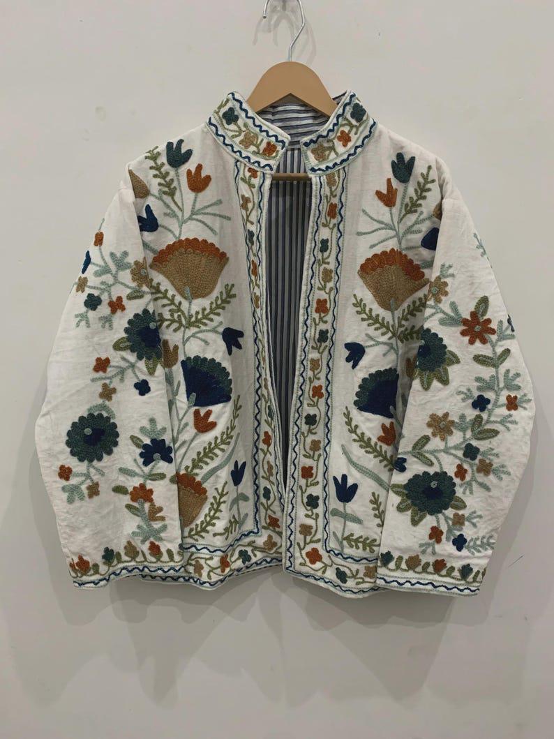 Handmade White Velvet Suzani Embroidered Jacket Bohozani