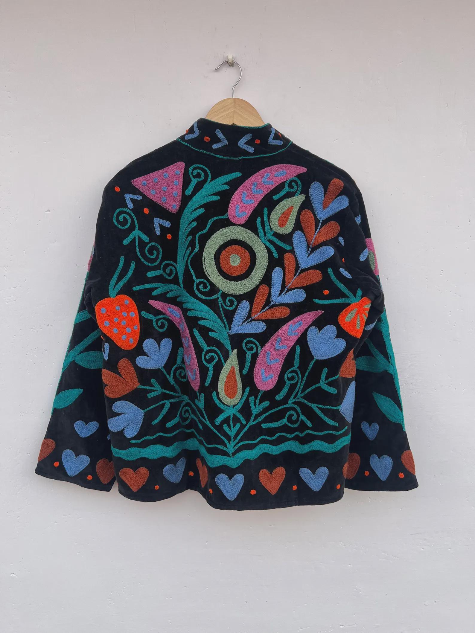 Embroidered Velvet Cropped Jacket | Colorful Suzani Floral Outerwear Bohozani