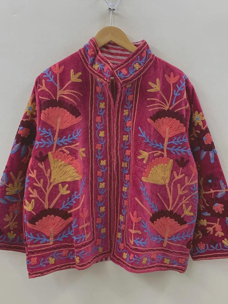 Embroidered Velvet Kimono Jacket | Suzani Floral Boho Outerwear Bohozani