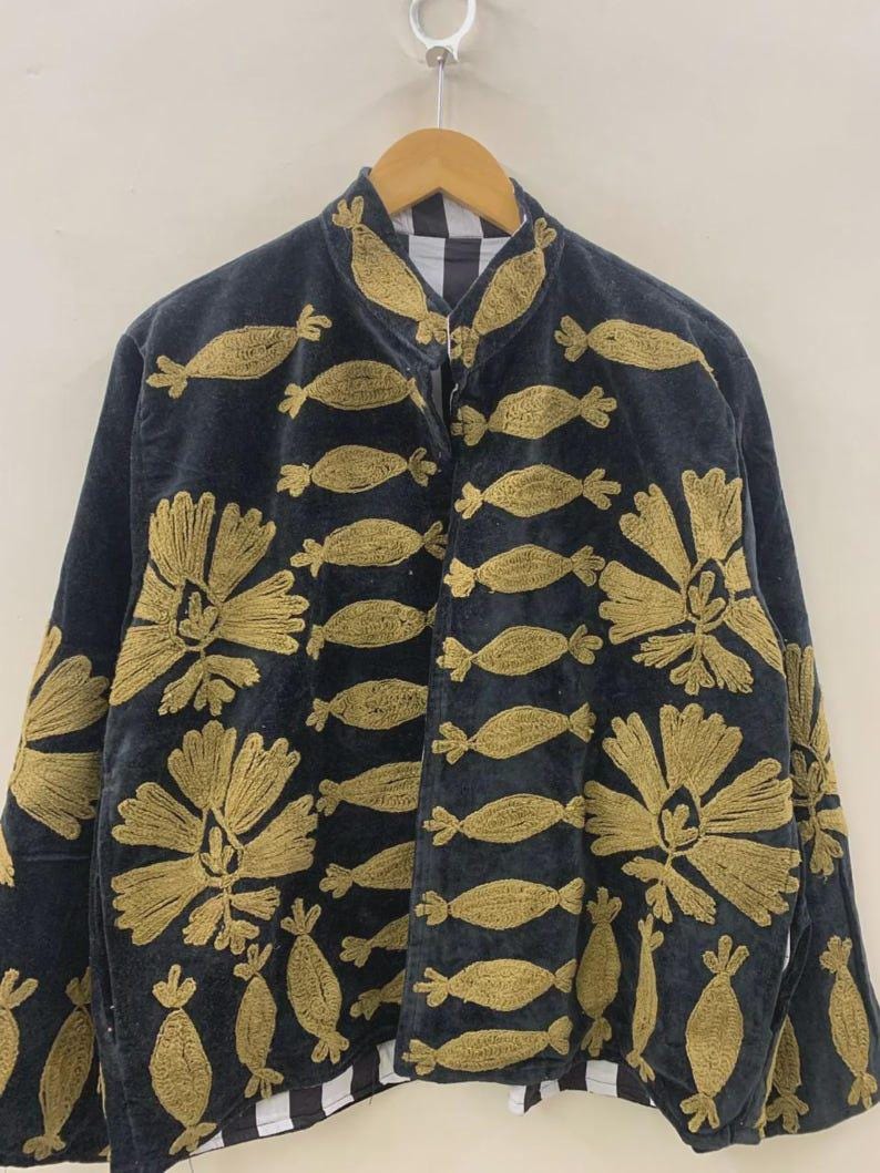 Handmade Velvet Suzani Embroidered Jacket | Boho Ethnic Coat Bohozani