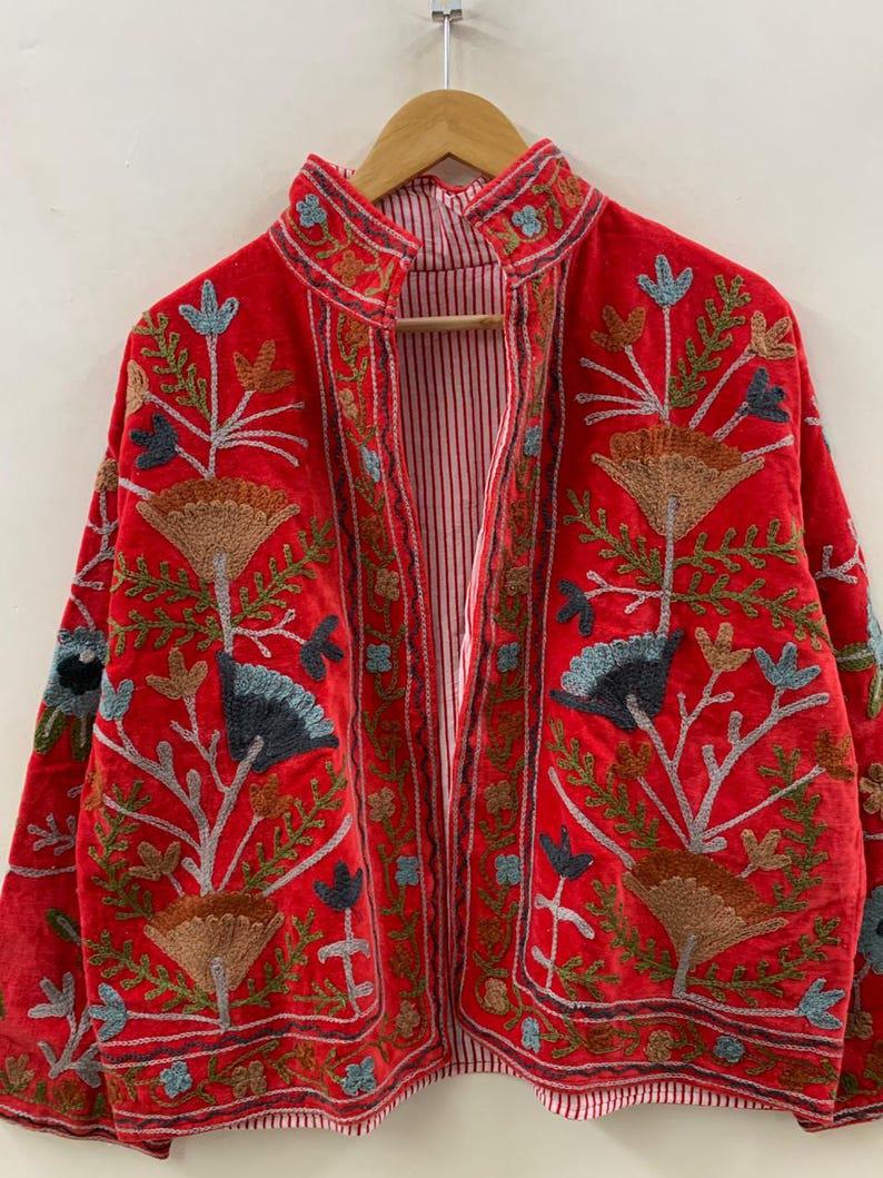 Handmade Orange Velvet Suzani Embroidered Jacket Bohozani