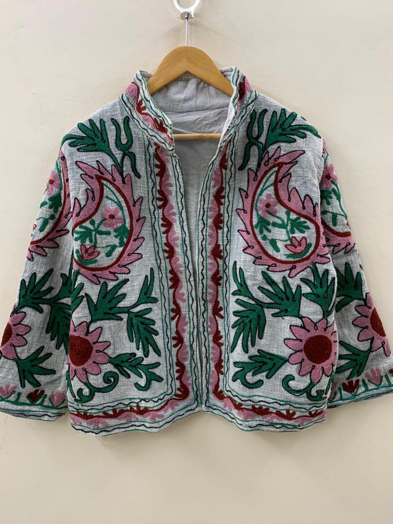 Embroidered Cotton Velvet Jacket | Floral Folk Art Suzani Boho Style Bohozani