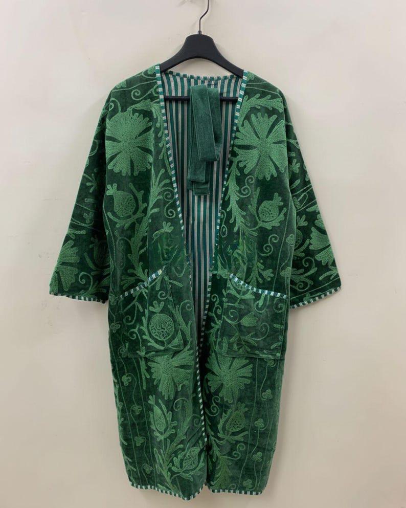 Floral Velvet Suzani Kimono Robe |Hand-Embroidered Boho Coat | Ethnic Uzbek Duster | Belted Kaftan Robe Bohozani