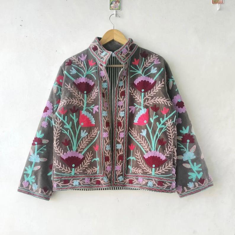 Grey Velvet Suzani Embroidered Jacket, Floral Boho Ethnic Coat Bohozani