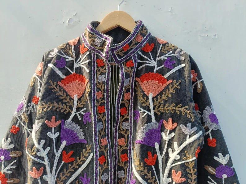 Floral Suzani Velvet Jacket, Vintage Embroidered Ethnic Chic Outerwear Bohozani
