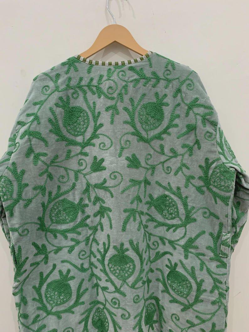 Hand-Embroidered Velvet Kimono Robe | Green Floral Boho Uzbek Duster Jacket Bohozani