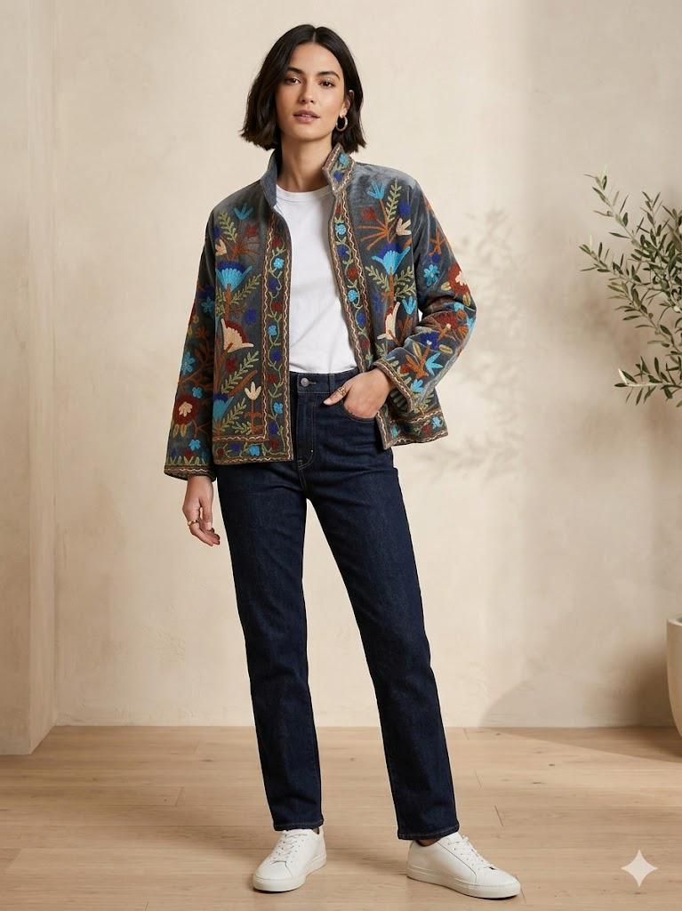 Grey Floral Velvet Suzani Jacket – Hand-Embroidered Boho Ethnic Kimono Outerwear Bohozani