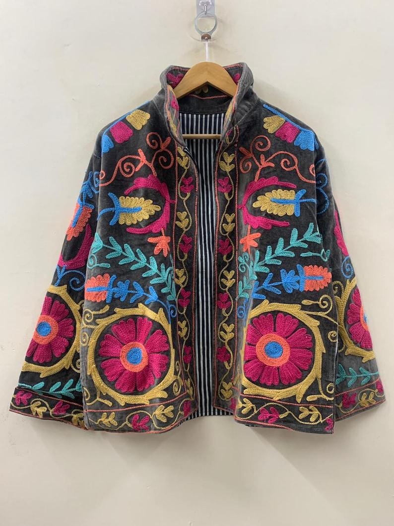 Hand-Embroidered Suzani Velvet Jacket | Bohemian Festival Coat Bohozani