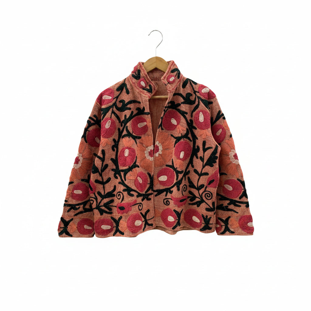 Embroidered Cotton Velvet Suzani Jacket, Floral Folk Art Boho Coat Bohozani