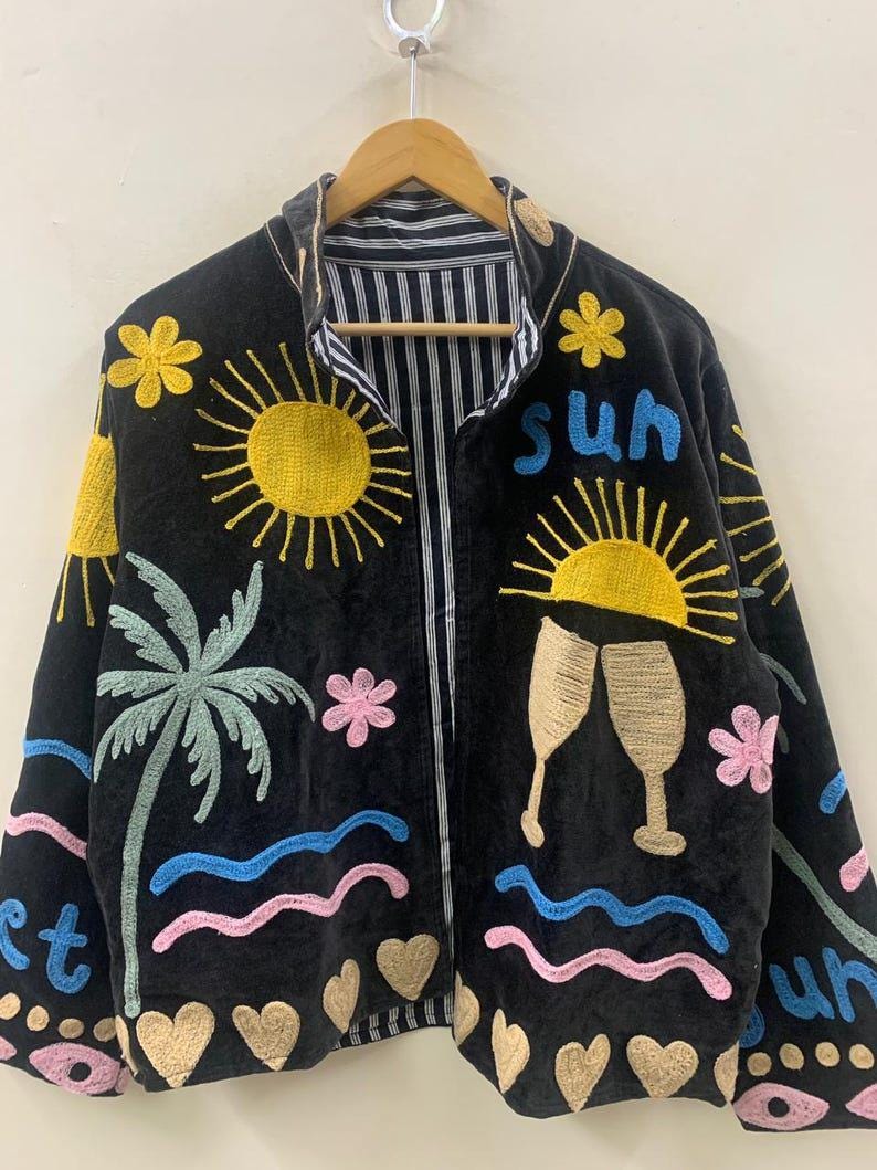 NEW COLLECTION Black Hand-Embroidered Velvet Suzani Jacket – Boho Ethnic Kimono Outerwear Mother's Day Gift Bohozani