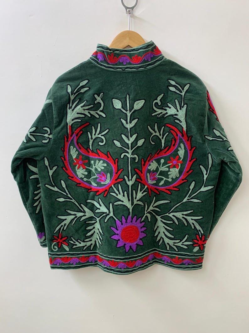 Green Velvet Floral Suzani Jacket | Uzbek Embroidered Coat, Festival Outerwear Bohozani