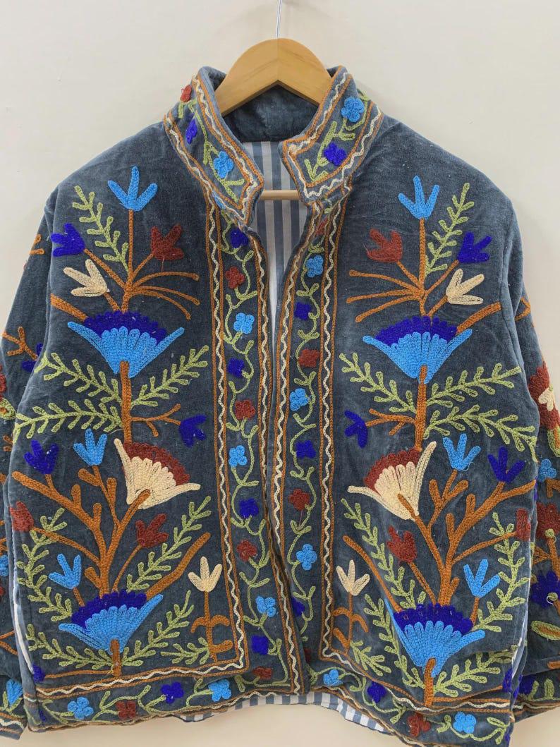 Grey Floral Velvet Suzani Jacket – Hand-Embroidered Boho Ethnic Kimono Outerwear Bohozani